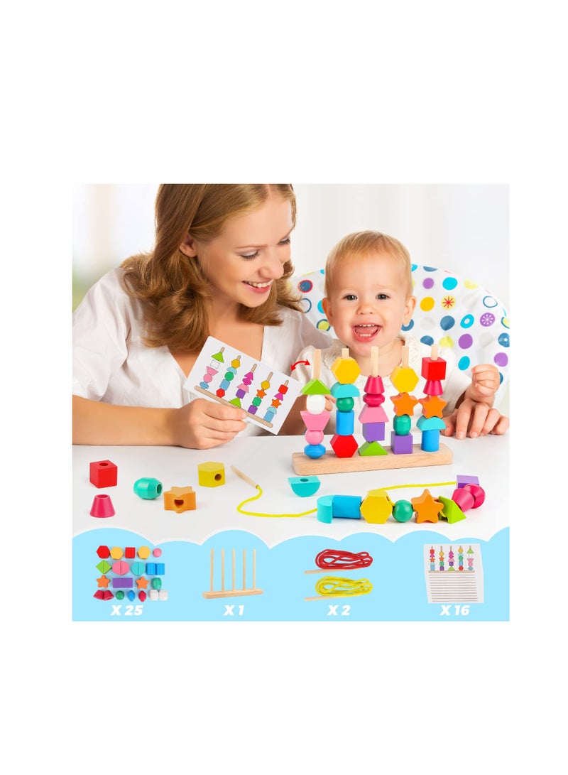 SOLARAE Montessori Toys, Wooden Beads Sequencing Toy, Stacking Blocks, Matching Shape Stacker, Preschool Educational Toys, Boost Child's Observation Skills - Image 2