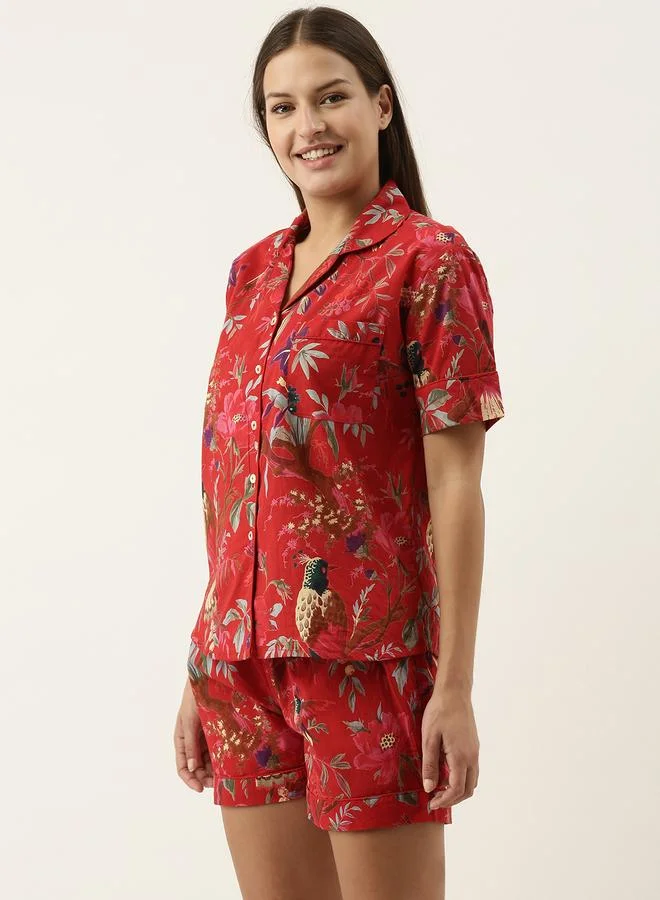 سانسكريتي هومز Sanskrutihomes Women Red Floral Printed Pure Cotton Shirt and Shorts Set