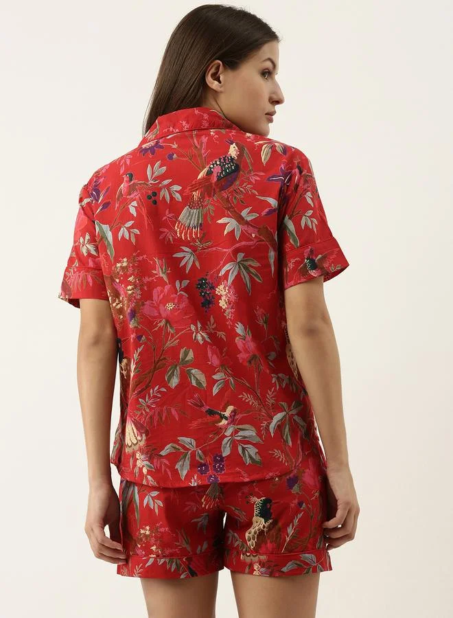 سانسكريتي هومز Sanskrutihomes Women Red Floral Printed Pure Cotton Shirt and Shorts Set