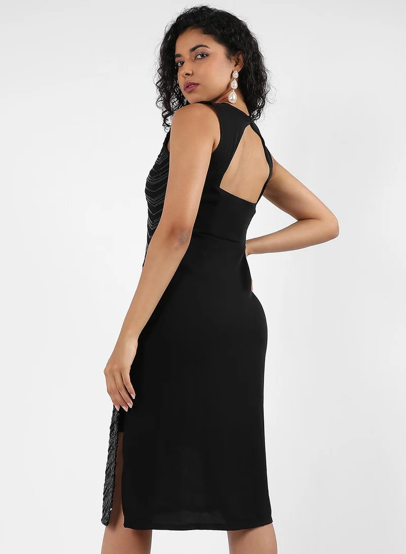PINACOLADA Women's Onyx Black Sequin Slit Dress For Casual Wear | Round Neck | Sleeveless | Zipper Closure | Dress Designed With Comfort Fit For Woman & Girls