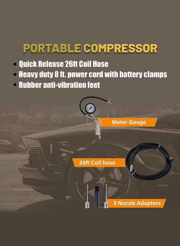 مستر سمارت ضاغط هواء محمول من Mr.Smart، رطل/بوصة مربعة، لتر/دقيقة، خرطوم ملفوف بطول ٢٦ قدمًا، سلك طاقة بطول ٨ أقدام مع مشابك بطارية، ٣ محولات فوهات - Image 4