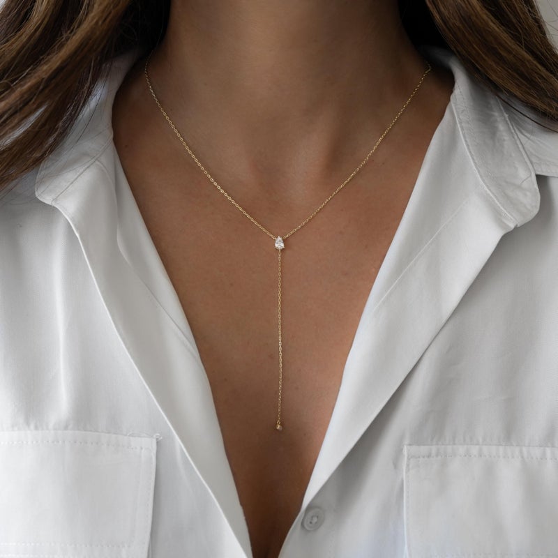 Fglqfam Lariat Necklace for Women, Dainty Gold Long Necklaces, 14k Gold/Silver Plated Y-Shaped Drop Chain Necklace, Simple Layered Necklaces, Trendy Jewelry Gifts for Her (Single CZ Y Necklace-Gold) - Image 2