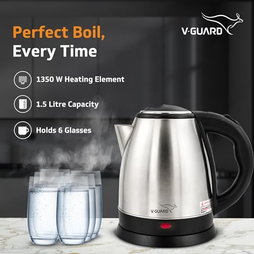 V-Guard VKS15 1.5 Litre Electric Kettle for Hot Water | 1350 W | Stainless Steel Hot Water Kettle | Power Indicator | Auto Cut-off | Boil Dry Protection | 1 Year Coverage by V-Guard - Image 2
