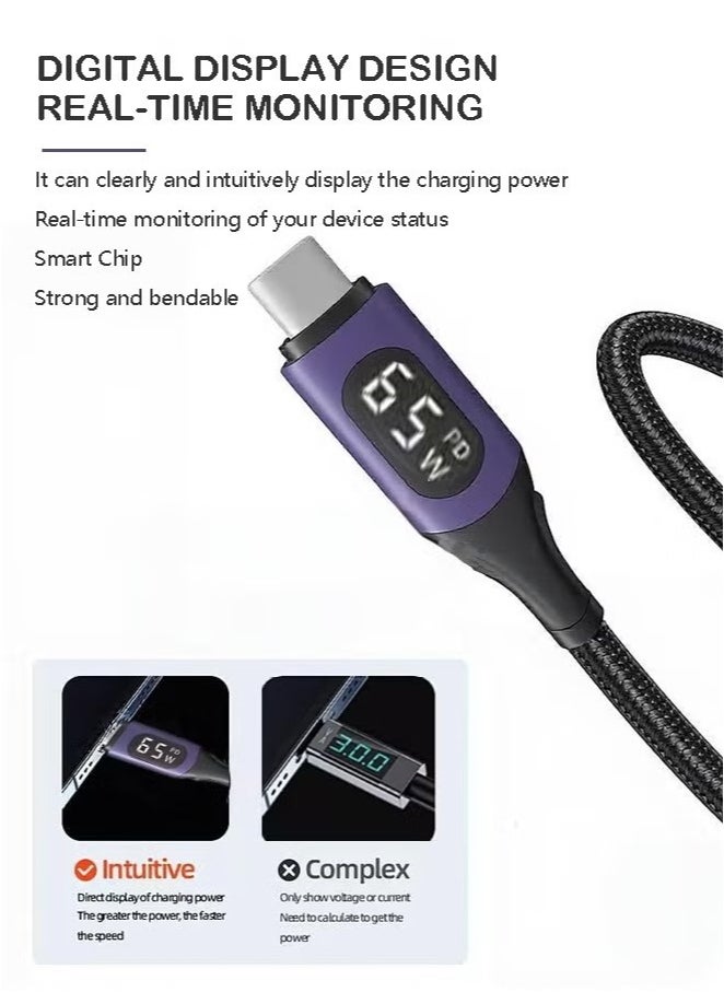 Generic 120cm USB Type-C Fast Charging Data Cable with LED Digital Power Display – 65W High-Speed Charging Cord for Laptops, Smartphones, Tablets & More – Durable Braided Design with Real-Time Wattage Monitor  - Image 2