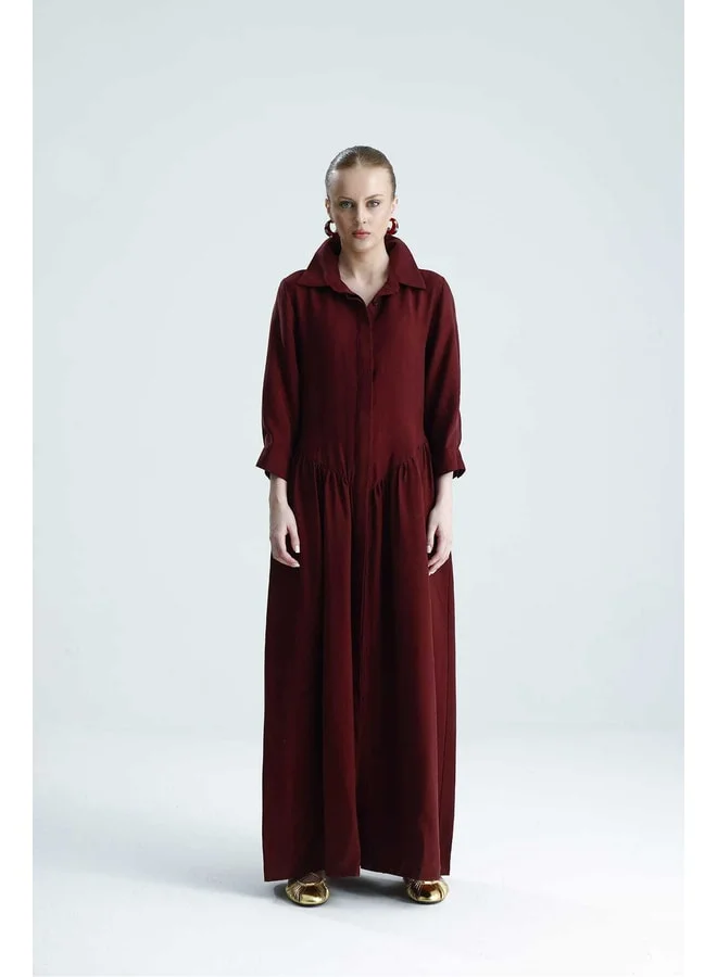GACACOLLECTION OFRE Front-Buttoned Burgundy Belted Long Dress.