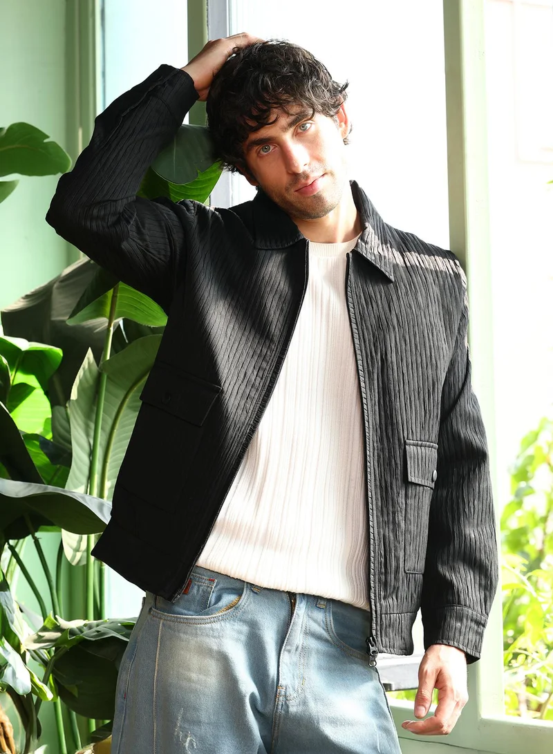 Campus Sutra Men Zip-Front Crease-Tactile Jacket | Point Collar, Long Button-Cuff Sleeves | Zipper , Ribbed-Straight Hem | Solid Textured | Woven Fabric For Casual & Daily Wear | Midnight Black