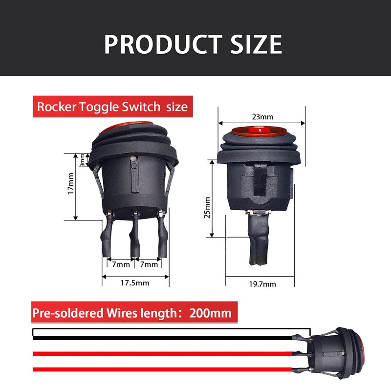 mankk 4PCS Waterproof Rocker Switch 12V Round Toggle Switch SPST 3 Pin ON Off Red LED Light with Detachable Wires for Car Auto Boat Trucks KCD1-5-101NW-R-X - Image 2