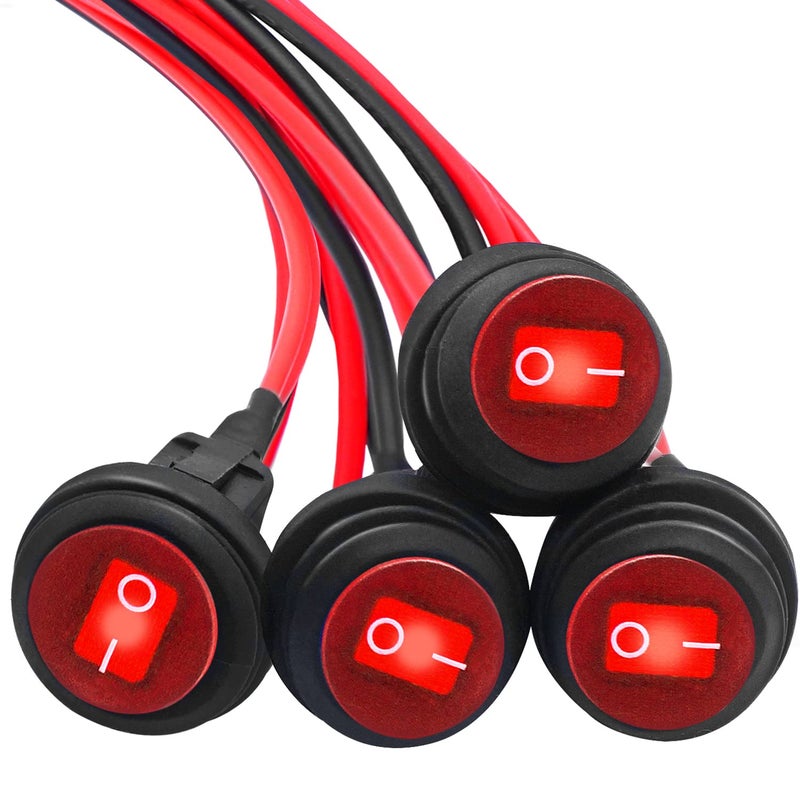 mankk 4PCS Waterproof Rocker Switch 12V Round Toggle Switch SPST 3 Pin ON Off Red LED Light with Detachable Wires for Car Auto Boat Trucks KCD1-5-101NW-R-X - Image 1