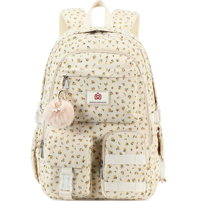 Hidds School Backpack for Teens Girls Women 156 Inch Laptop College Backpacks Corduroy Work Bag Kids Elementary Middle High Campus Bookbag Students Anti Theft Travel Daypack Womens Beige Floral - Image 2