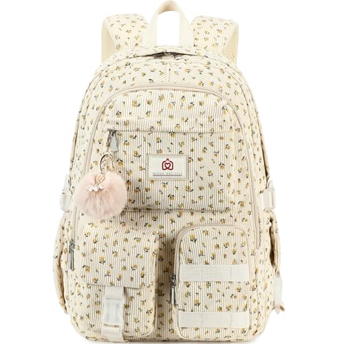 Hidds School Backpack for Teens Girls Women 156 Inch Laptop College Backpacks Corduroy Work Bag Kids Elementary Middle High Campus Bookbag Students Anti Theft Travel Daypack Womens Beige Floral - Image 1