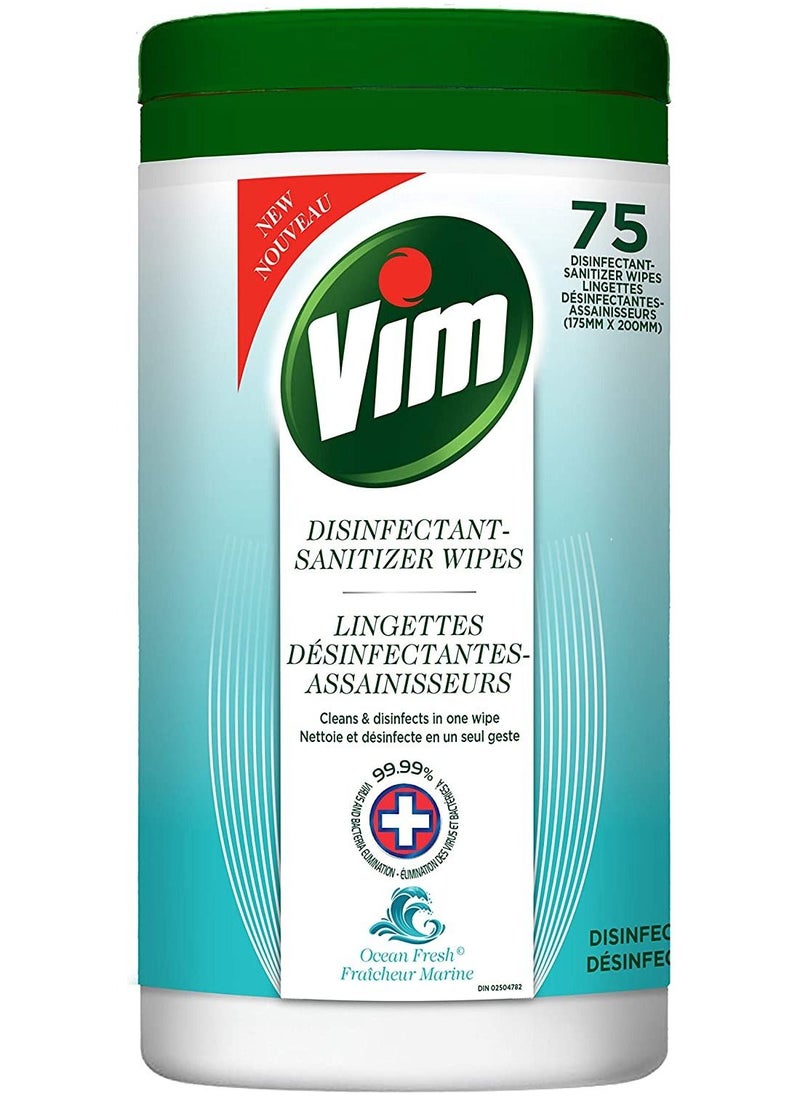 Generic - Vim Multi-Purpose Disinfectant-Sanitizer Wipes, 99.99% Virus and Bacteria Elimination, Ocean Scent, 75 Count, Cleans and Disinfects In One Wipe - Image 1