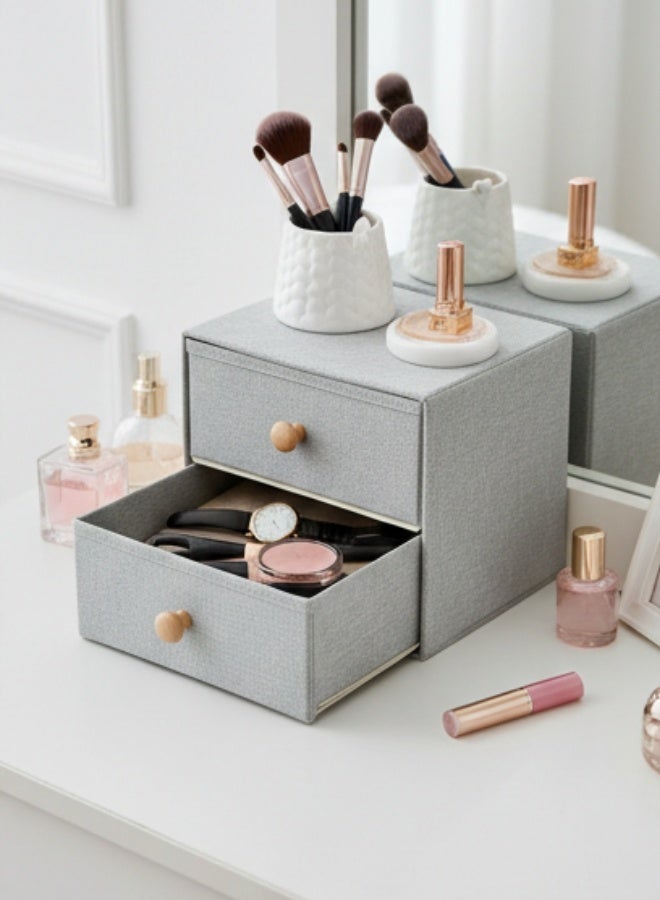 هابي هوم منظم وخزانة تخزين من القماش مع درجين – صناديق تخزين من الكتان عالية الجودة لتنظيم الملابس الداخلية، الجوارب، البرا، الإكسسوارات والأغراض الصغيرة | قابل للطي لتوفير المساحة | مثالي لغرفة النوم، غرفة المعيشة، الطاولة أو الرف 21*21 سم - Image 3