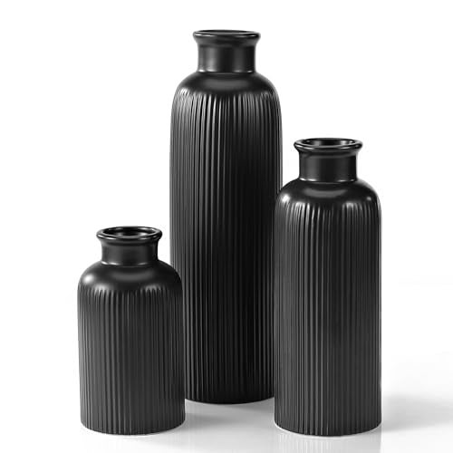 GUKJOB Small Black Ceramic Vase Set of 3 Boho Modern Black Flower Vase Room Decor Farmhouse Decor Vases for Your Kitchen Bathroom Bedroom Living Room OfficeShelf Centerpiece Table Decorations - Image 1