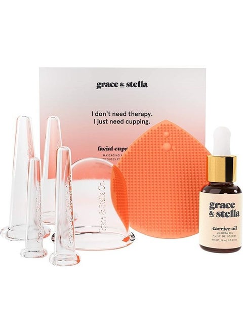 Facial Cupping (7-Pc Set) - Face Cupping Set - Facial Suction Cups With Jojoba Oil & Cleansing Brush To Reduce Appearance Of Fine Lines - Face Suction Cup Set For Lymphatic Drainage by grace & stella