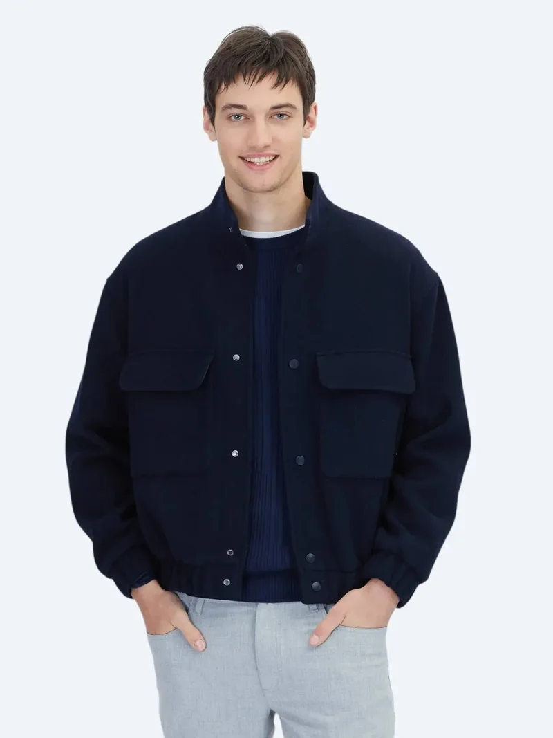 كيب معطف منسوج كاجوال مريح بياقة عالية باللون الأزرق الداكن