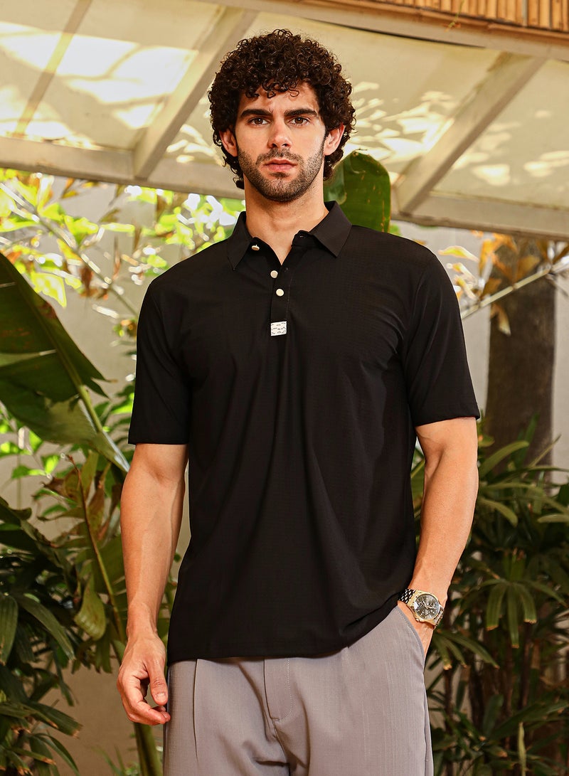 Campus Sutra Men's Onyx Black Seamless Cuboid Polo T-Shirt - Image 1