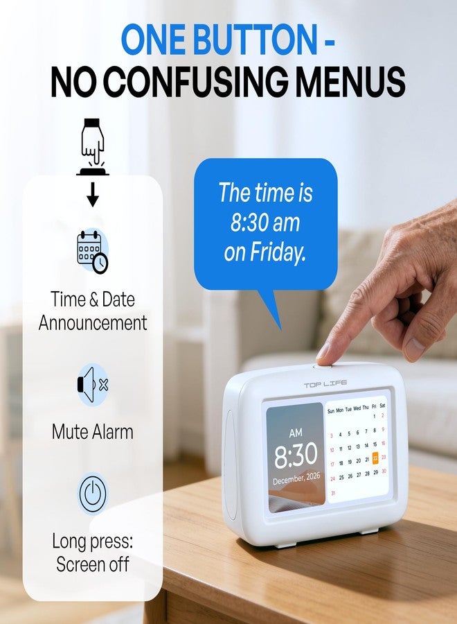 TopLife Talking Alarm Clock for Seniors, Low Vision, Time & Date, Pill Reminder - Image 4