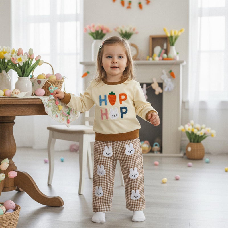 JLKGICF Baby Boy Easter Outfit Long Sleeve Carrot Rabbit Embroidery Sweatshirt Plaid Pants Set Toddler Boy Easter Clothes (White Bunny, 2-3T) - Image 2