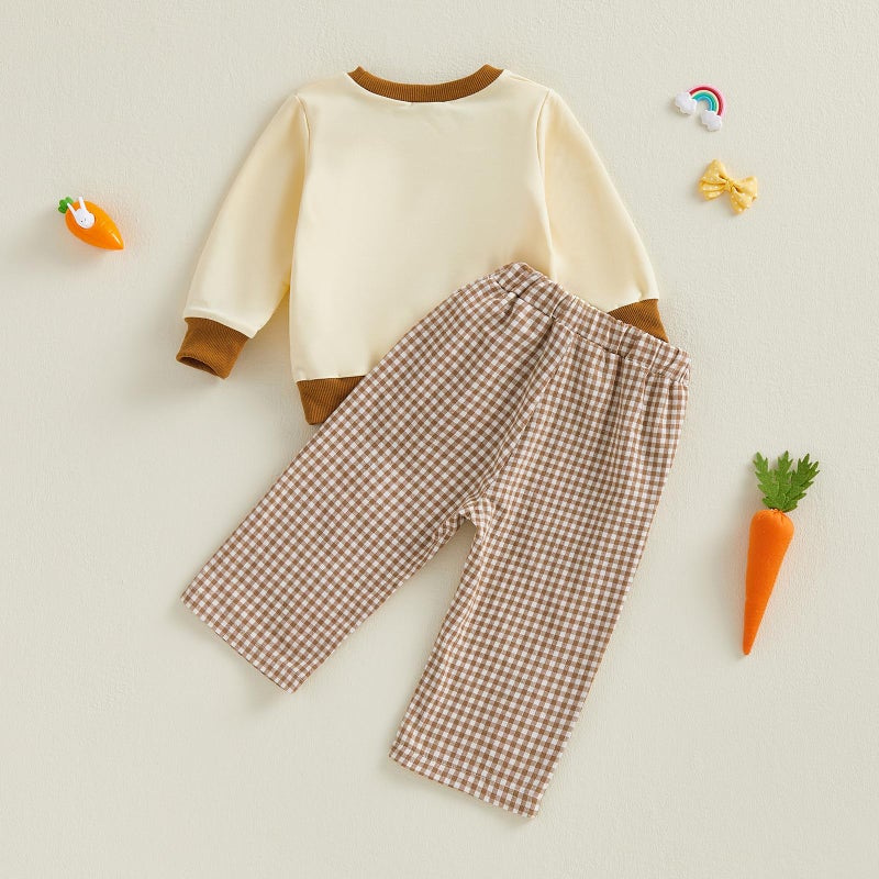 JLKGICF Baby Boy Easter Outfit Long Sleeve Carrot Rabbit Embroidery Sweatshirt Plaid Pants Set Toddler Boy Easter Clothes (White Bunny, 2-3T) - Image 4