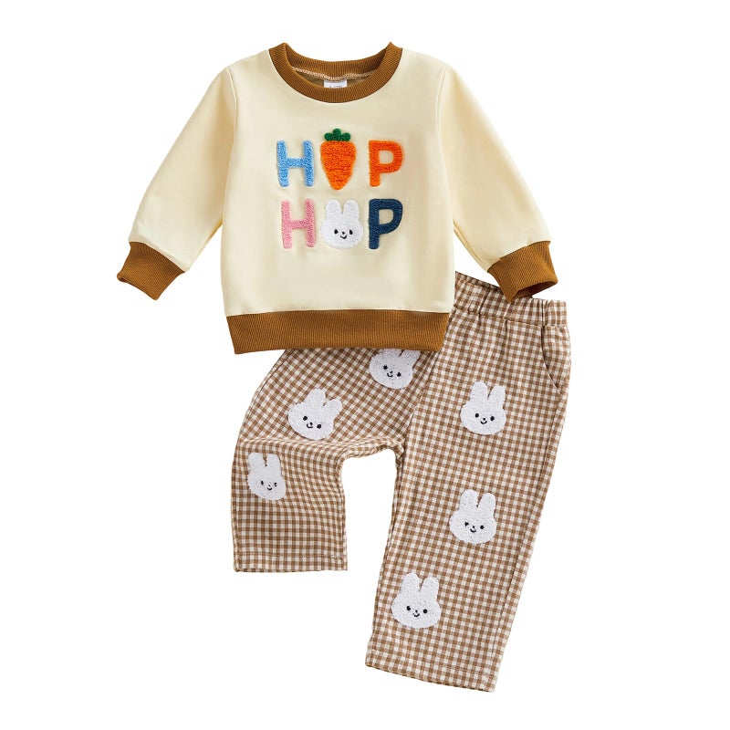JLKGICF Baby Boy Easter Outfit Long Sleeve Carrot Rabbit Embroidery Sweatshirt Plaid Pants Set Toddler Boy Easter Clothes (White Bunny, 2-3T) - Image 1