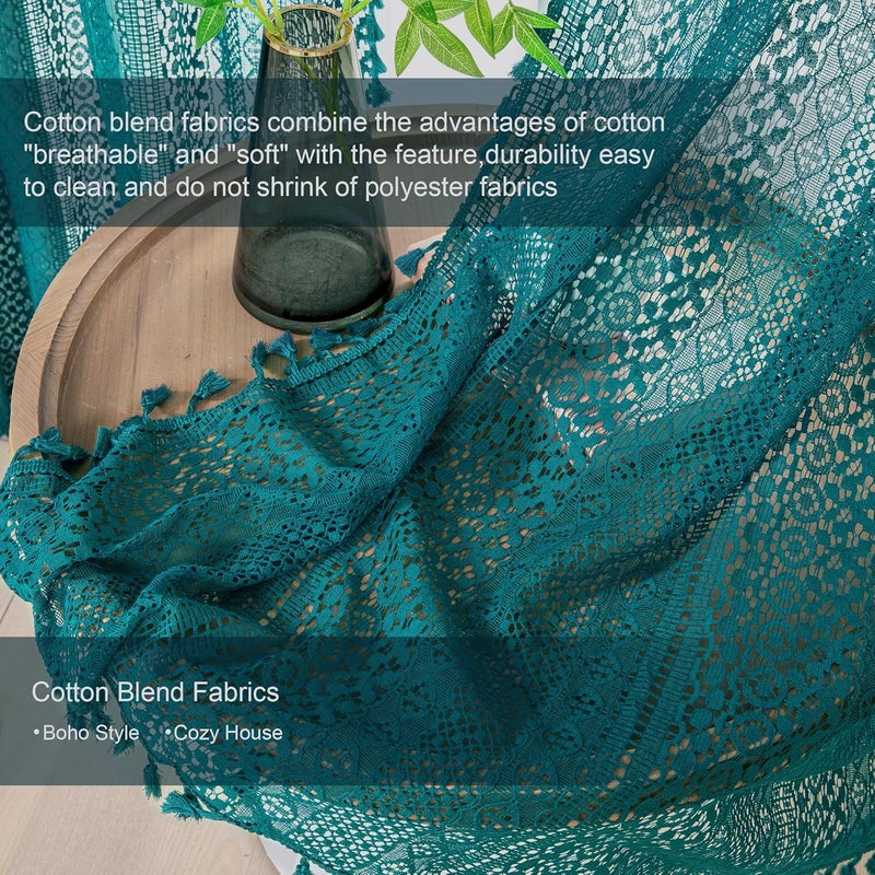 WAZZIO Teal Sheer Curtains 96 Inches Long Set of 2, Boho Cotton Crochet Lace Curtains with Tassel Rod Pocket Semi Sheer Non See Throgh Light Filtering Curtain Drapes for Bedroom Living Room,Turquoise - Image 5