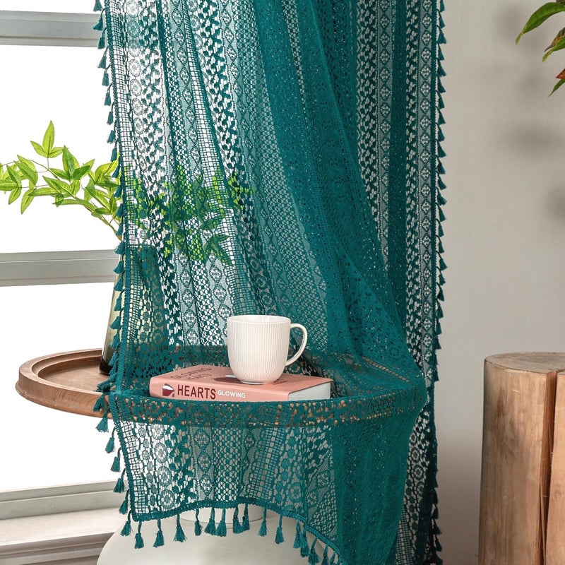WAZZIO Teal Sheer Curtains 96 Inches Long Set of 2, Boho Cotton Crochet Lace Curtains with Tassel Rod Pocket Semi Sheer Non See Throgh Light Filtering Curtain Drapes for Bedroom Living Room,Turquoise - Image 1