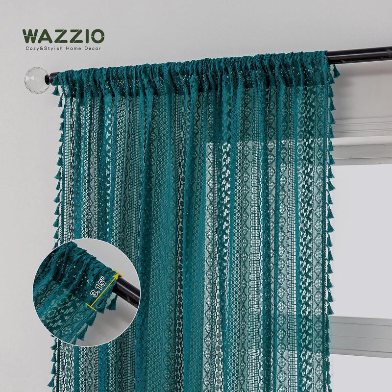 WAZZIO Teal Sheer Curtains 96 Inches Long Set of 2, Boho Cotton Crochet Lace Curtains with Tassel Rod Pocket Semi Sheer Non See Throgh Light Filtering Curtain Drapes for Bedroom Living Room,Turquoise - Image 4