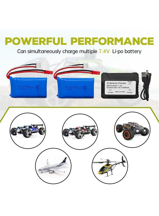 sea jump 2PCS 7.4V 1100mah بطارية ليثيوم + شاحن محول 2 في 1 ل WLtoys A949 A959 A969 A979 S989 V912 T23 T55 F45 سيارة تحكم عن بعد بطارية ليثيوم غير مأهولة - Image 2