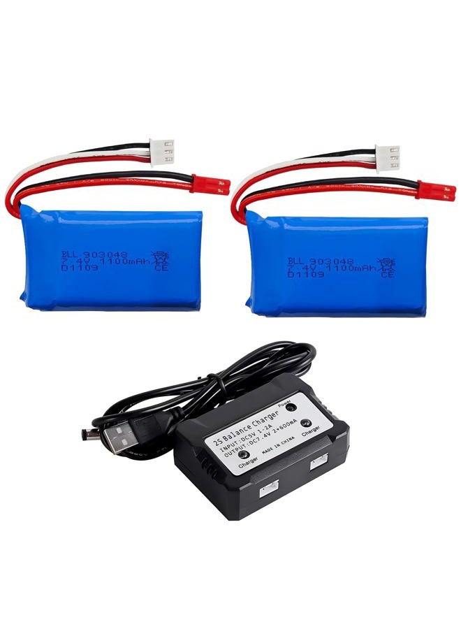 sea jump 2PCS 7.4V 1100mah بطارية ليثيوم + شاحن محول 2 في 1 ل WLtoys A949 A959 A969 A979 S989 V912 T23 T55 F45 سيارة تحكم عن بعد بطارية ليثيوم غير مأهولة - Image 1