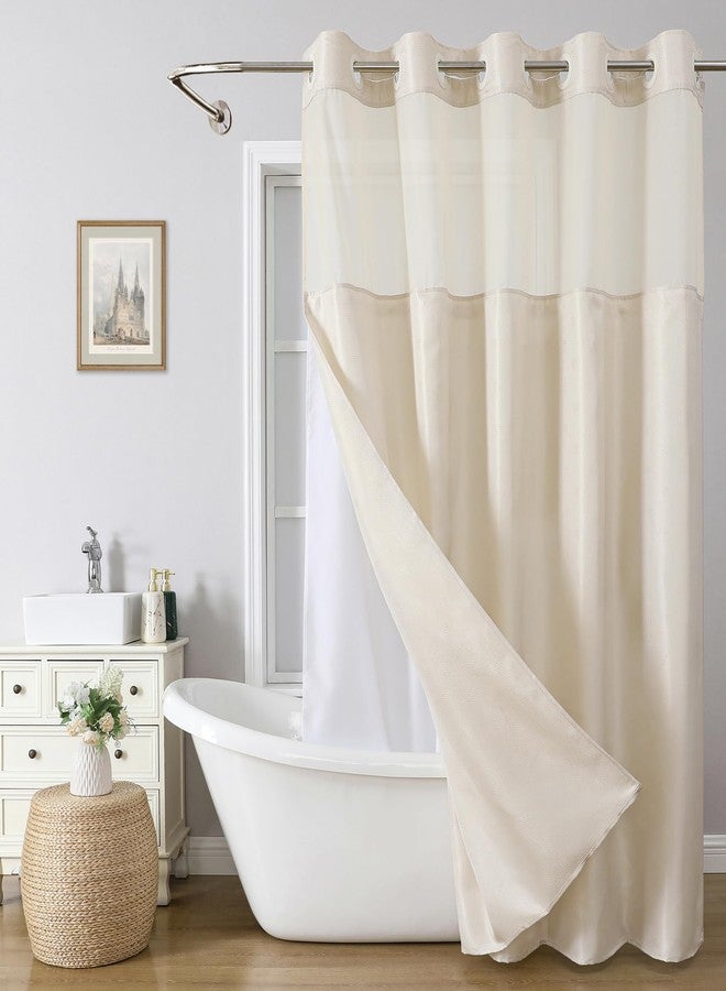 eachope No Hook Shower Curtain with Snap-in Fabric Liner Set,Boho Arch Textured Fabric Fabric Shower Curtain for Bathroom with Sheer Window,Waterproof & Washable,71 x 74,Cream - Image 1
