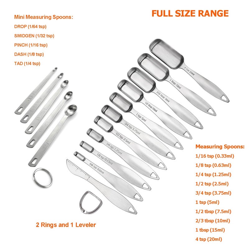 Lucksury 18/8 Stainless Steel Measuring Spoons Set of 16 Pieces, Includes 10 Narrow, 1 Leveler and 5 Mini Spoons - Image 3