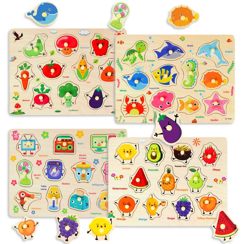 Melofaver Wooden Peg Puzzles for Toddlers 4 PCS Toddler Puzzles SetFruits Sea Animals Home Appliances Vegetables Baby Puzzle Montessori Toys for 3 4 5 Years Boys Girls Kids Preschool Learninng Toys Gift - Image 3