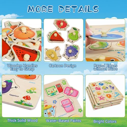 Melofaver Wooden Peg Puzzles for Toddlers 4 PCS Toddler Puzzles SetFruits Sea Animals Home Appliances Vegetables Baby Puzzle Montessori Toys for 3 4 5 Years Boys Girls Kids Preschool Learninng Toys Gift - Image 5