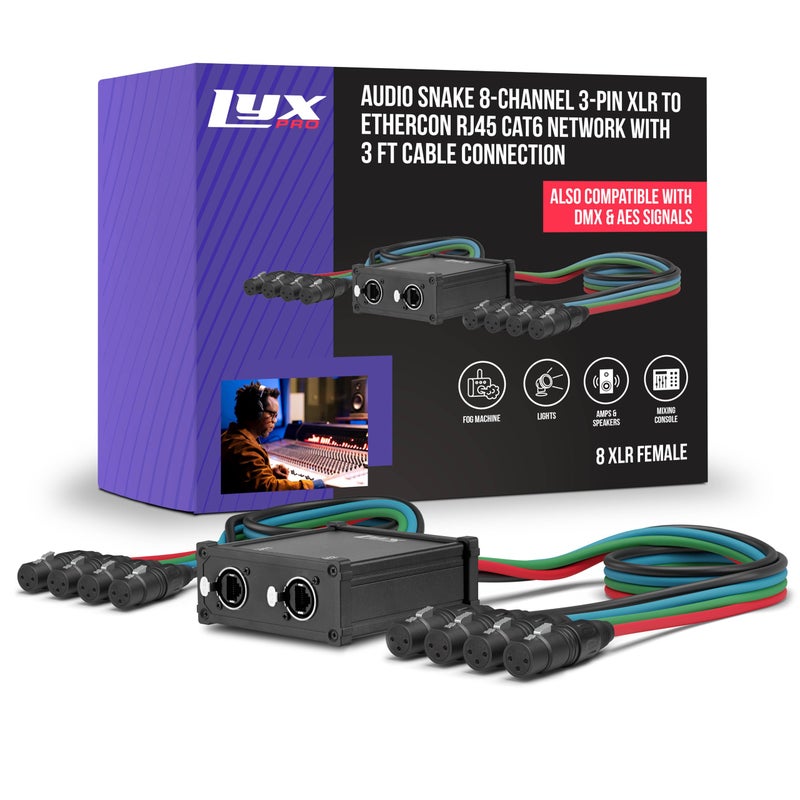 LyxPro 8Channel Female XLR Audio Snake for Stage Sound Studio and Lighting MultiNetwork XLR to RJ45 Ethercon Adapter with HeavyDuty Shield and 3Foot Cable for Digital Analog Signal Transfer - Image 2