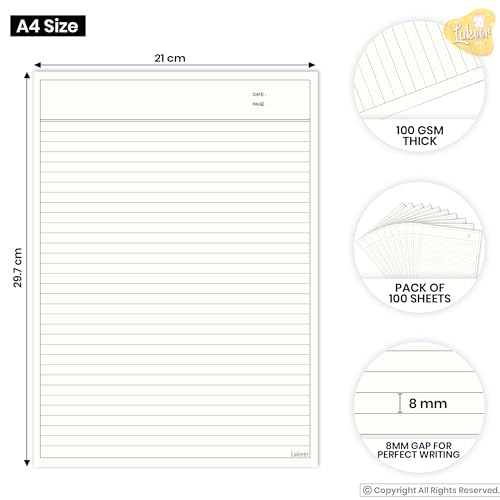 Lakeer A4 Ruled Paper Ivory Color -100 GSM, Pack of 100 | for Project, Assignment, Practical, Homework and Etc. - Image 2