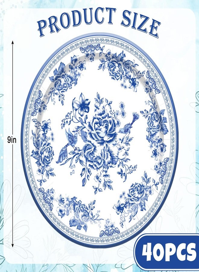 Whaline 40Pcs Blue Floral Paper Plates Blue White Flower Disposable Plates 9 Inch Decorative Dinner Dessert Plates for Spring Wedding Bridal Baby Shower Birthday Tea Party Supplies - Image 2