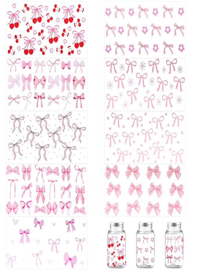 XIHIRCD 9 Sheets DTF Transfer Stickers, Pink Bow Transfer Cup Stickers Cute Bow Cup Stickers Cup Decorative Stickers Cup Wraps for 16 oz Glass Water Bottle Girls DIY Crafts Decorations - Image 1