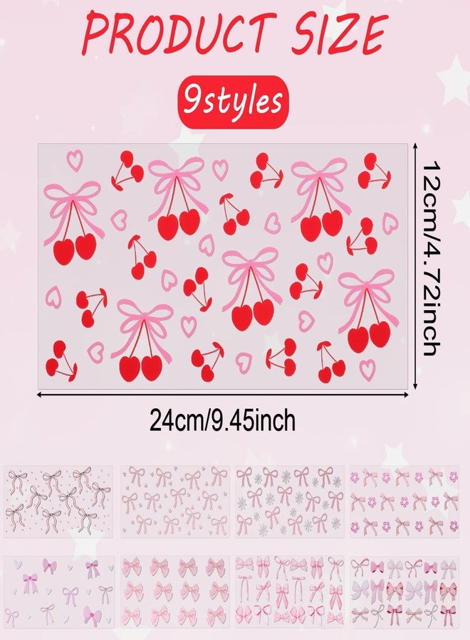 XIHIRCD 9 Sheets DTF Transfer Stickers, Pink Bow Transfer Cup Stickers Cute Bow Cup Stickers Cup Decorative Stickers Cup Wraps for 16 oz Glass Water Bottle Girls DIY Crafts Decorations - Image 2