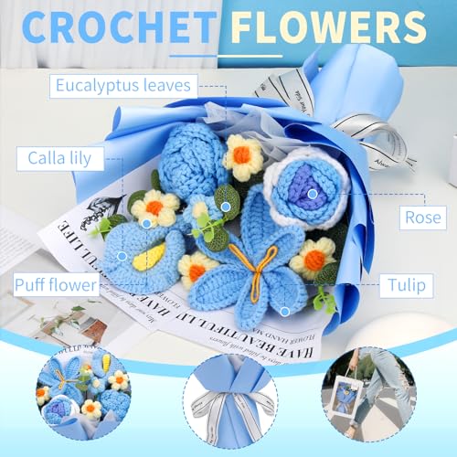 Kogyxe Crochet Flowers Bouquet, Handmade Crochet Flowers Knitted Bouquet, Tulips Flower Bouquet and Calla Lily for Valentine Flowers, Gifts for Women, Birthday (Blue) - Image 2
