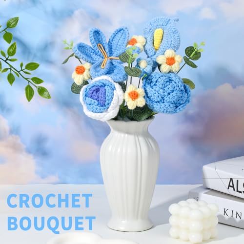 Kogyxe Crochet Flowers Bouquet, Handmade Crochet Flowers Knitted Bouquet, Tulips Flower Bouquet and Calla Lily for Valentine Flowers, Gifts for Women, Birthday (Blue) - Image 3