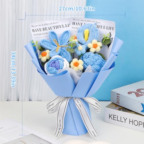 Kogyxe Crochet Flowers Bouquet, Handmade Crochet Flowers Knitted Bouquet, Tulips Flower Bouquet and Calla Lily for Valentine Flowers, Gifts for Women, Birthday (Blue) - Image 4