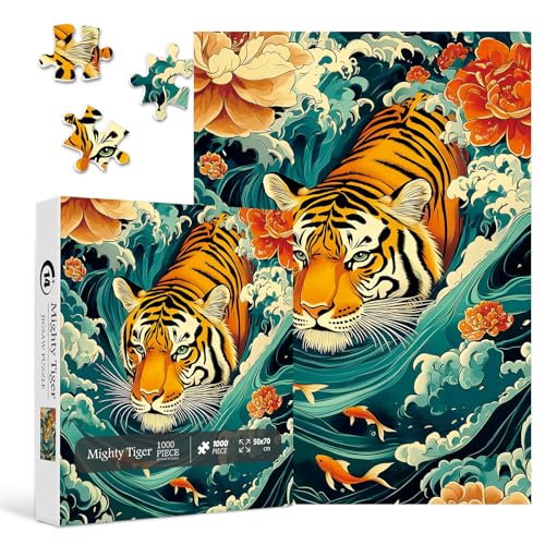 PPuzzling Mighty Tiger Puzzles for Adults 1000 Pieces Nature Animal Art Puzzle Featuring Tiger in Waves Koi Fish and Blooming Flowers Wildlife Challenging Puzzles for Adults as Home Wall Decor - Image 5