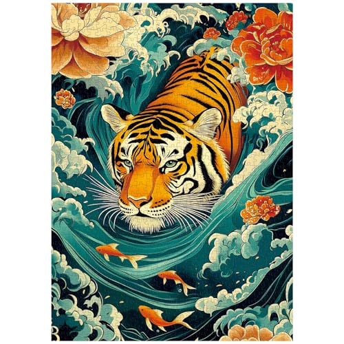 PPuzzling Mighty Tiger Puzzles for Adults 1000 Pieces Nature Animal Art Puzzle Featuring Tiger in Waves Koi Fish and Blooming Flowers Wildlife Challenging Puzzles for Adults as Home Wall Decor - Image 1
