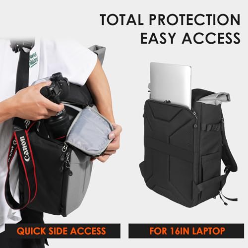 TARION Rolltop Camera Backpack with Hardshell - Large Camera Bag with 16 inch Laptop Sleeve and Quick Side Access - Urban DSLR Photography Backpack with Waterproof Raincover Tripod Holder Silver XH - Image 3
