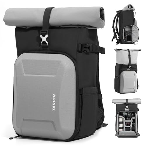 TARION Rolltop Camera Backpack with Hardshell - Large Camera Bag with 16 inch Laptop Sleeve and Quick Side Access - Urban DSLR Photography Backpack with Waterproof Raincover Tripod Holder Silver XH - Image 1