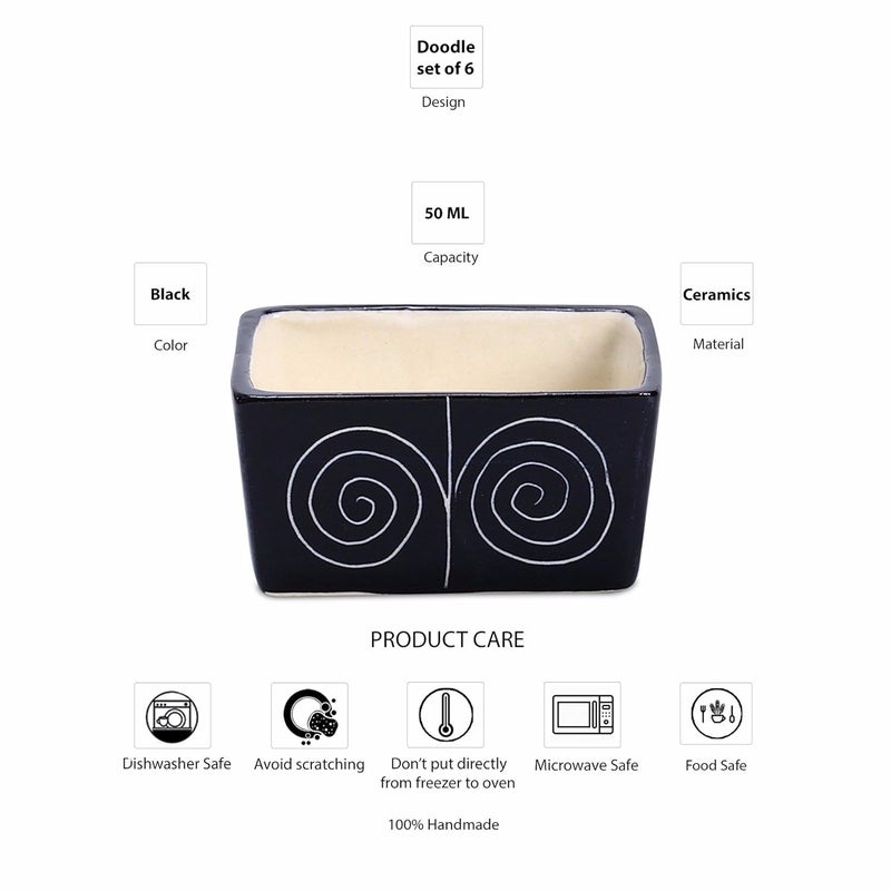 Caffeine Ceramic StonewearHandmade Black Doodle Dip and Sauce Set of 6 40 ml Microwave Dishwasher Safe - Image 5