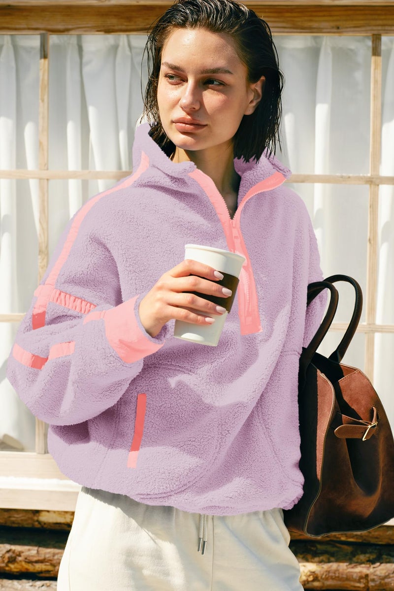 Panadila Womens Quarter Zip Fleece Pullover Sherpa Jacket Oversized Sweatshirt with Pockets Fuzzy Sweater (Taro Purple,XL) - Image 4