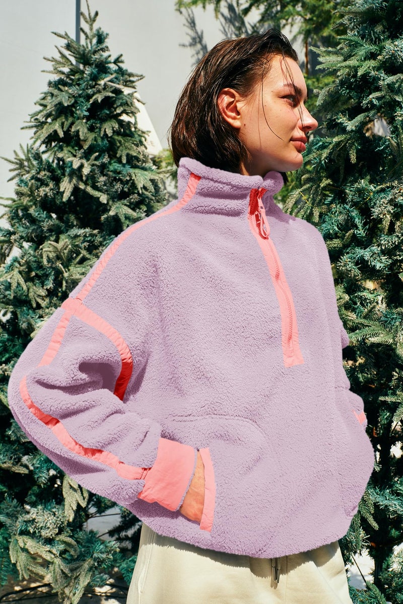 Panadila Womens Quarter Zip Fleece Pullover Sherpa Jacket Oversized Sweatshirt with Pockets Fuzzy Sweater (Taro Purple,XL) - Image 3