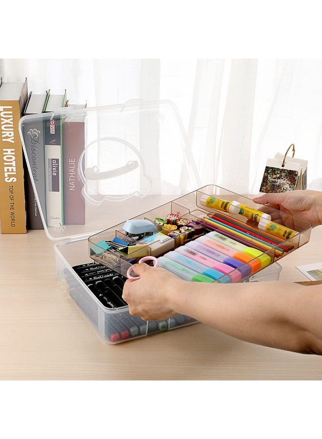 BTSKY 2Tier Cute Bear Storage Box With Removable Divided Tray Portable Clear Plastic Art Craft Supply Organizer Stackable Home Office Supplies Storage Container For Pens Notes A4 Papers Etc (Coffee) - Image 2