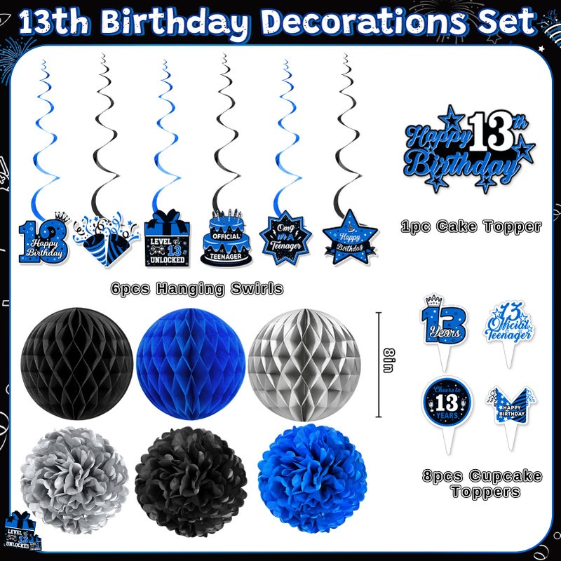 REDWORD 13th Birthday Decorations for Boys, 45Pcs Blue Black Official Teenager Decorations Include Happy 13th Birthday Backdrop Hanging Swirls 32inch 13 Foil Balloons Cake Toppers for Boy Birthdays Decor - Image 3